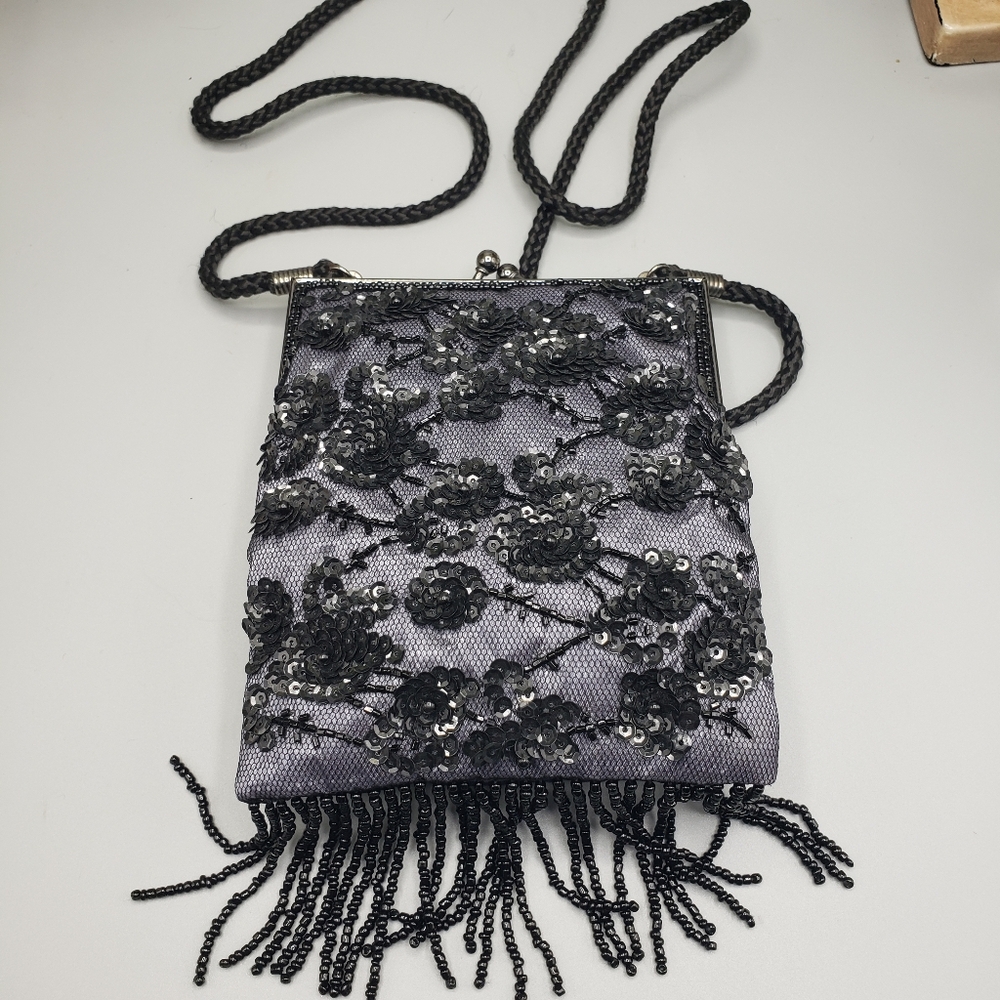 Lancome Black Mesh, Sequins and Beads w/ Gray Satin Vintage Fringe Satin Fringe